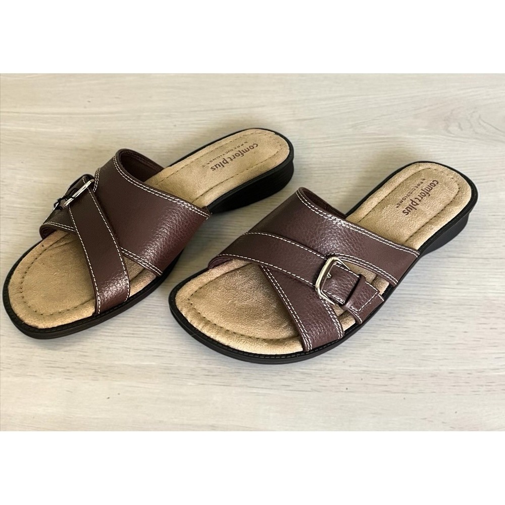 COMFORT PLUS by Predictions Slide on Brown Strappy Casual Sandals Womens  SZ 10W